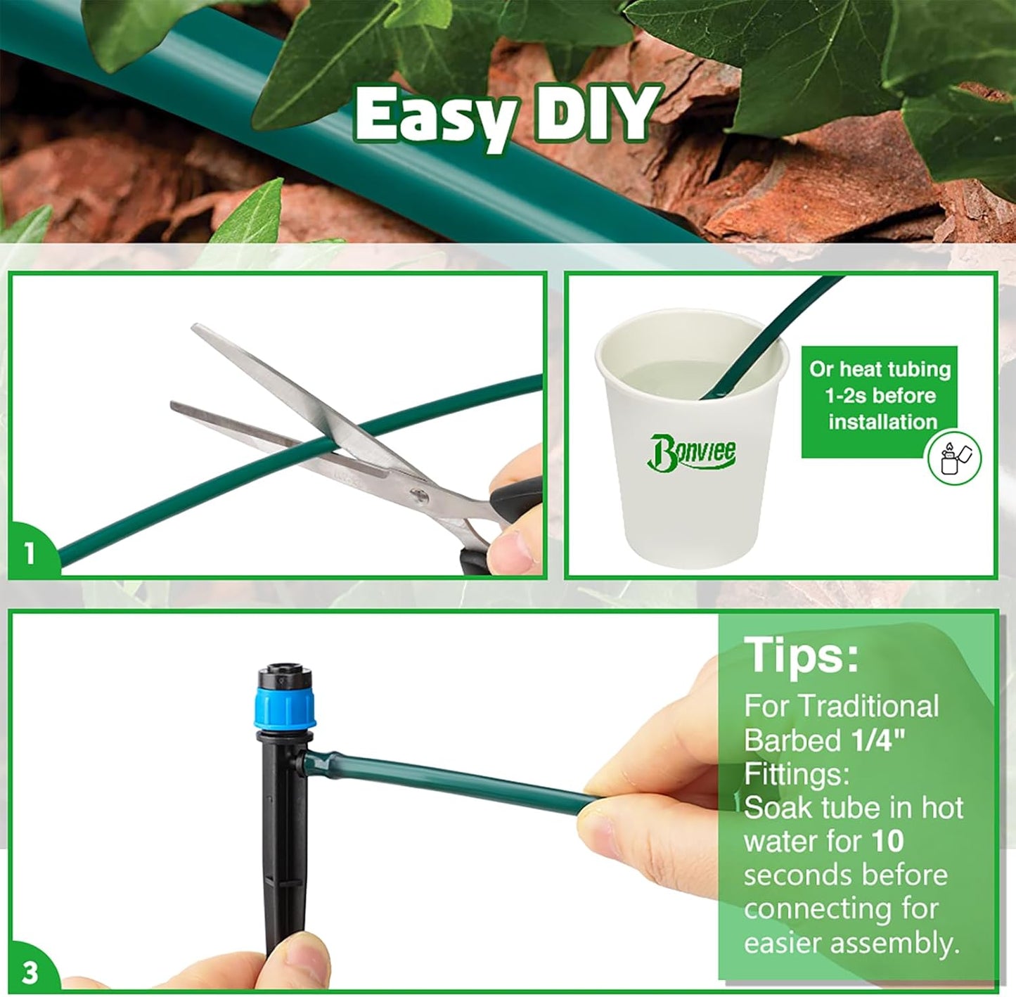 Bonviee 400ft 1/4 inch Drip Irrigation Tubing, Drip Irrigation Hose, Garden Watering Tube Line for Garden Watering System-Green-VerdiqueGarden