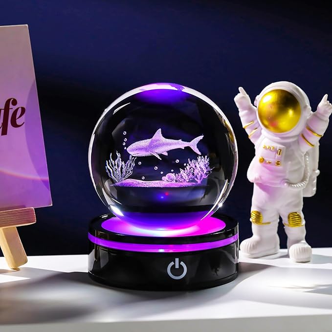 YWHL 3D Shark Figurine Crystal Ball with Colorful Light Base, Shark Gifts for Women Men Shark Lovers on Christmas Birthday, 3D Laser Engraved Shark Sphere Glass Ball for Home Office Decoration (80mm)-VerdiqueGarden