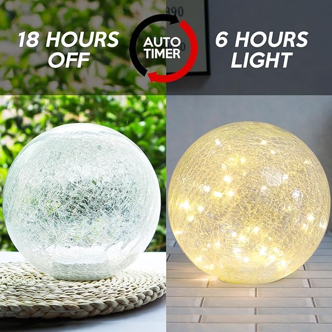 Mercury Crackle LED Glass Globe Ball Lamp with Timer, Battery Operated Night Light for Girls, Birthday, Halloween,Christmas - Decorative Gift for Home Warm White (with Timer)-VerdiqueGarden