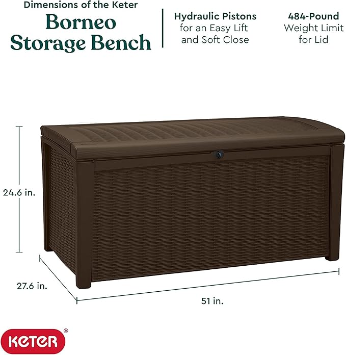 Keter Outdoor Storage Deck Box, for Patio, Backyard & Garden, Borneo, 110 Gallon, Brown - Lockable, Organizing, and Waterproof Plastic Container Bench-VerdiqueGarden