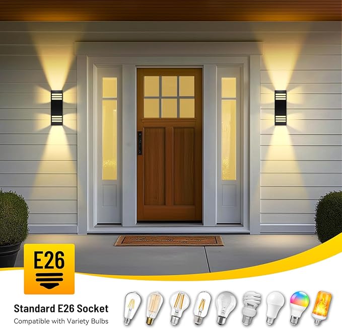 2 Pack Outdoor Wall Lights, Up/Down Modern Wall Sconce Exterior Lighting Fixture Square Wall Lamp Aluminum IP65 Waterproof Wall Mount Porch Lights ETL Listed E26 Bulbs Included 2700K-VerdiqueGarden