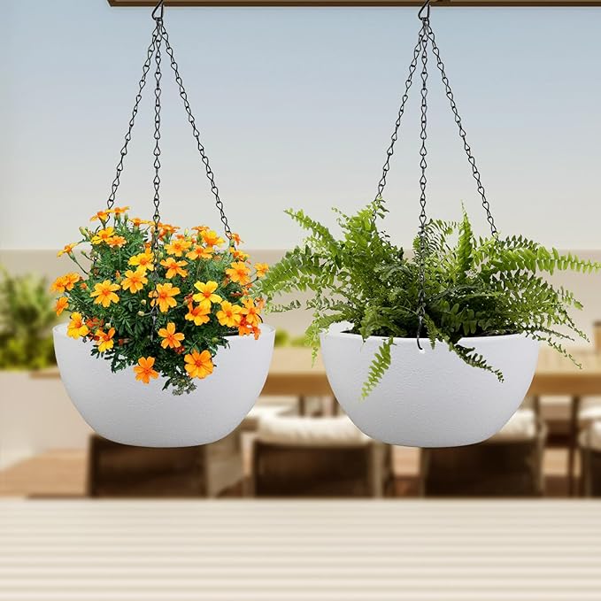 10 inch Hanging Planters for Indoor Outdoor Plants, 2 Pack Hanging Flower Pots with Drainage Holes and Chain for Garden Balcony Porch, Round Plastic Hanging Baskets for House Plants, White-VerdiqueGarden