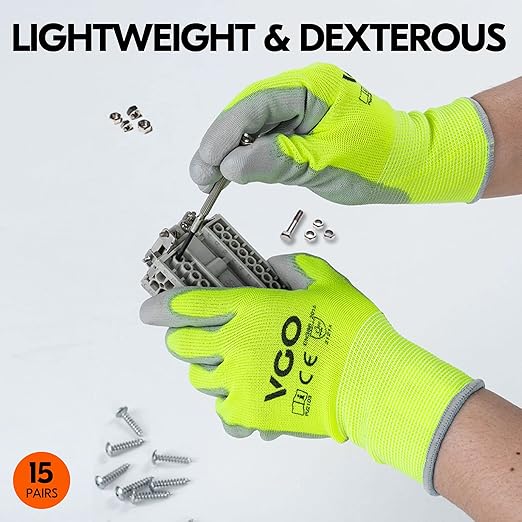 Vgo... 15-Pairs Safety Work Gloves, Gardening Gloves, Polyurethane Coated, Dipping Gloves, Latex Free (Size XL, Yellow, PU2103)-VerdiqueGarden