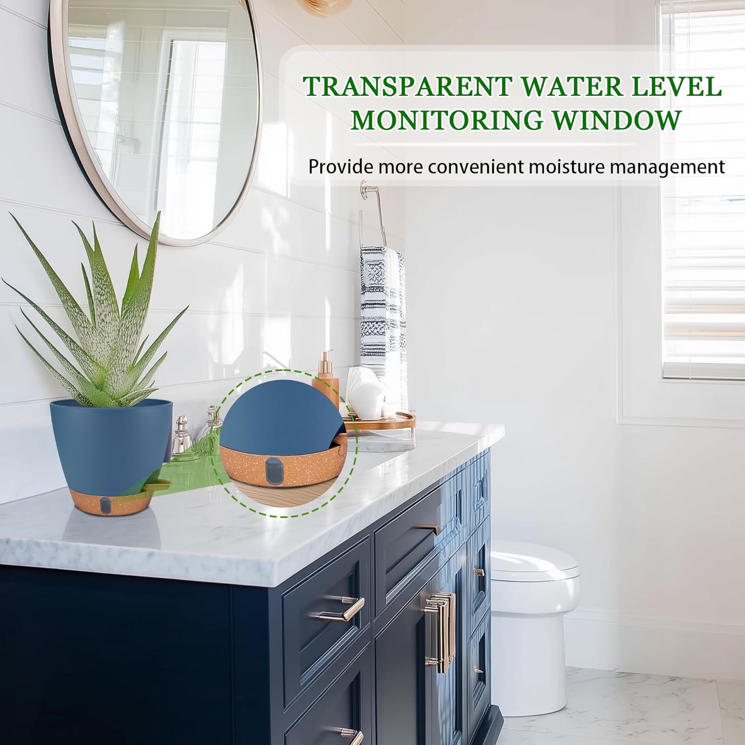 2 Pack 8 inch Plant Pots, Plastic Self Watering Planters with Drainage Holes, Deep Reservoir, Water Level Indicator, Modern Decorative Flower Pots for Indoor Outdoor Plants (Navy Blue, 8 inch)-VerdiqueGarden