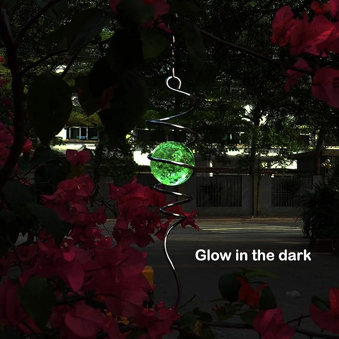 FONMY Gazing Ball Stainless Steel Spiral Tail-Decorative Wind Spinner with Glow Glass Ball, with Hanging Swivel Hook, Indoor Outdoor Decoration Silver Glow -13 inch Height-VerdiqueGarden