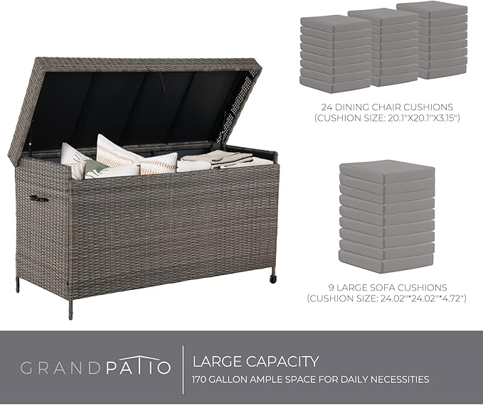 Grand patio 170 Gallon Deck Storage Box Deck Box Outdoor Storage Box Indoor Wicker Storage Bin Patio Storage Box for Patio Furniture Cushions Garden Tools Pool Accessories, Light Brown-VerdiqueGarden
