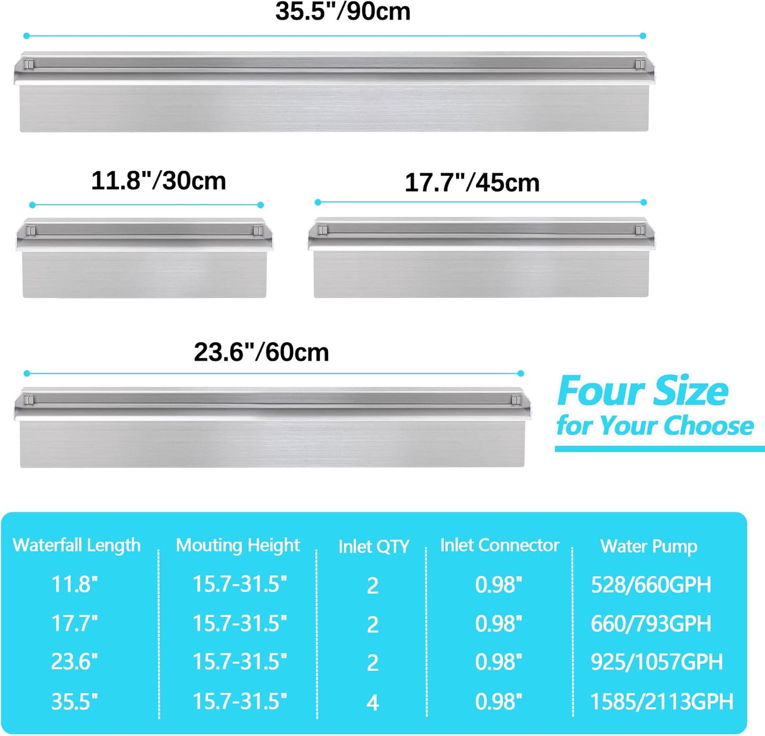 Waterfall Spillway Fountain 304 Stainless Steel Water Pool Fountain with Wider Water Flow Platform,Pool Waterfall for Outdoor Garden and Patio Decorations(35.5 Inch)-VerdiqueGarden