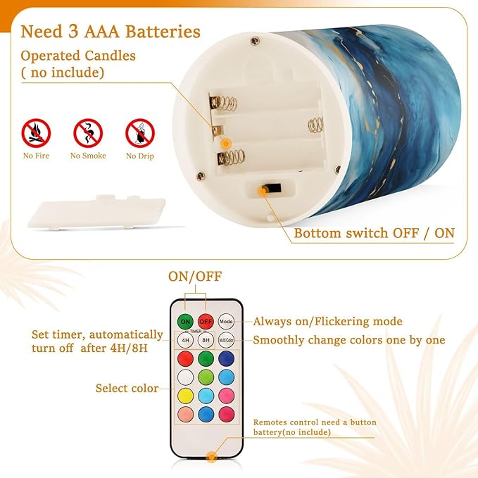 Flickering Flameless Candles, Marble Navy Blue LED Candles with Remote Timer, Set of 2 Battery Operated Candle for Valentine Wedding Birthday-VerdiqueGarden