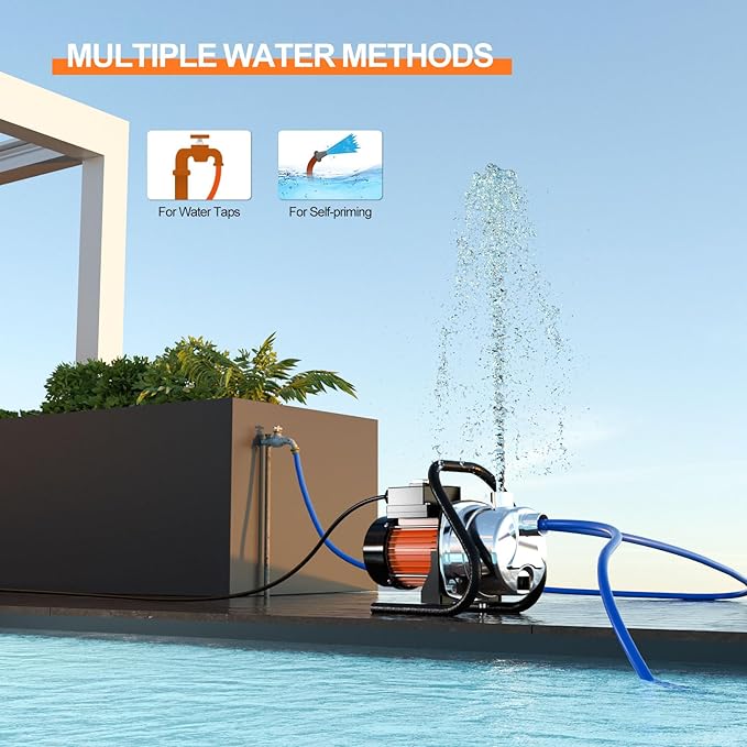 1.5 HP Portable Water Transfer Pump 1500 GPH Shallow Well Pump Garden Booster Sprinkler Pumps for Irrigation Lawn Farm Water Removal with Adapters, Orange-VerdiqueGarden