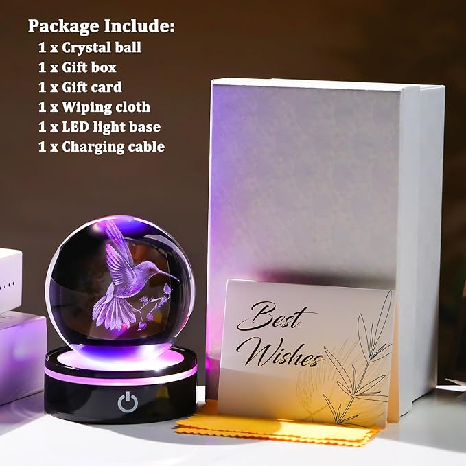 YWHL 3D Crystal Ball Hummingbird Figurine with LED Base, Hummingbird Gifts for Women Men Hummingbird Lovers on Christmas Birthday, Hummingbird Ornament Glass Decorative Ball for Home Decor (80mm)-VerdiqueGarden