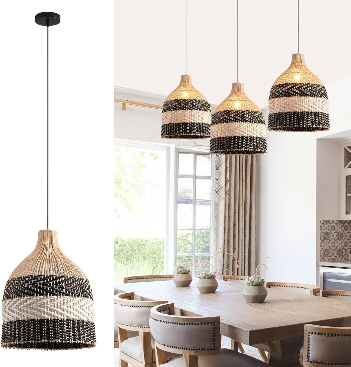 11.8" Rattan Pendant Light 1-Pack Black White Faux Rattan Basket Chandelier Boho Handmade Woven Oval Wicker Hanging Light Fixture for Public Place Dining Living Bedroom Kitchen-VerdiqueGarden
