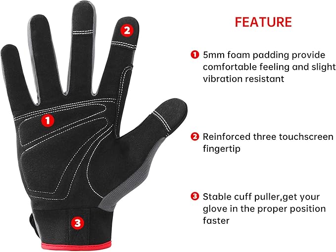 DULFINE Flex Grip Mechanic Work Gloves for Men,Black and Red Utility Safety Working Gloves Touch Screen,Excellent Grip,Ideal for Working on Cars and Outdoor Jobs(Large)-VerdiqueGarden