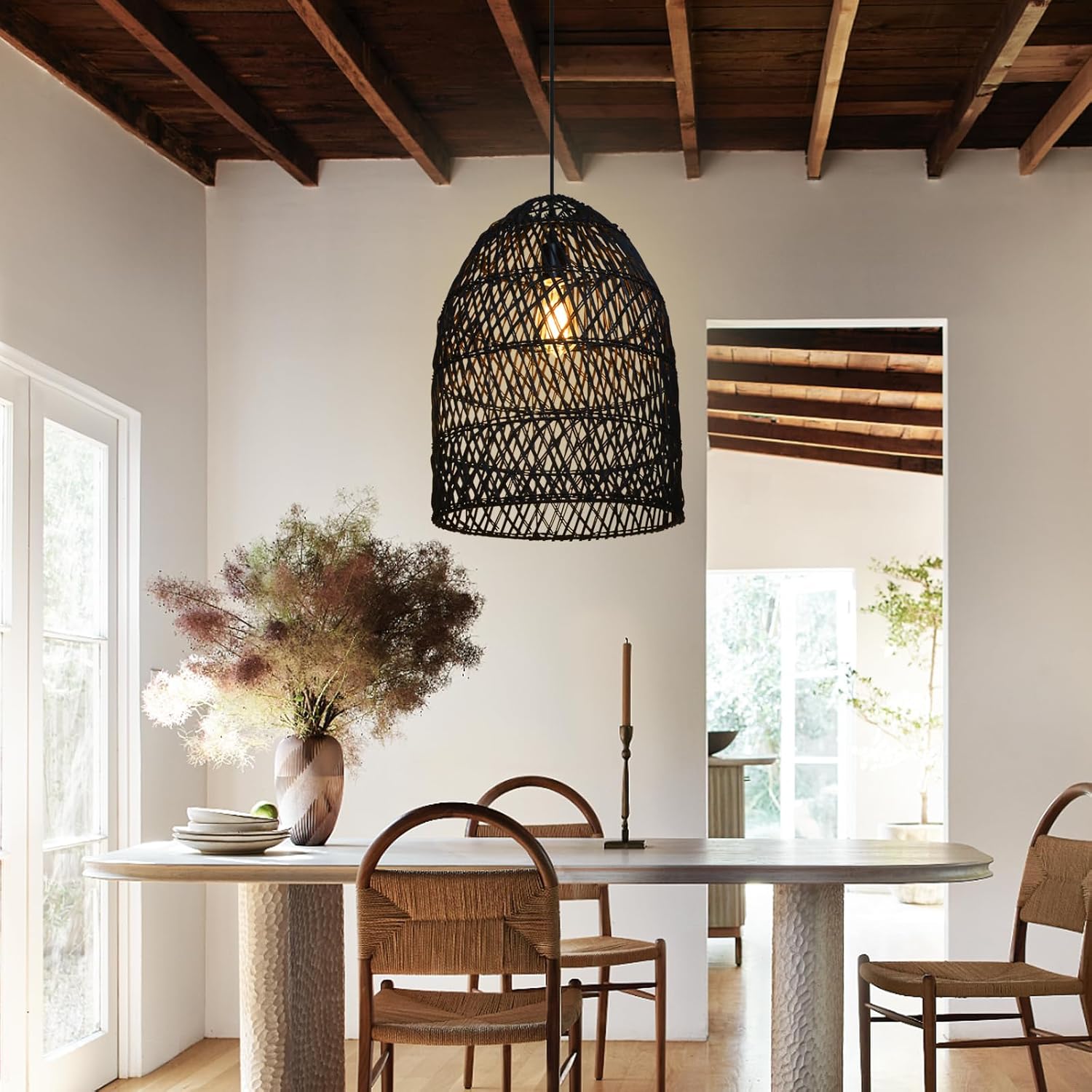 Arturesthome 1 Light Rustic Rattan Basket Pendant Light Boho Wicker Chandelier Coastal Handmade Crafts Lampshade, Farmhouse Hanging Ceiling Lighting for Dining Kitchen Island Black 13.75in*19.68in-VerdiqueGarden