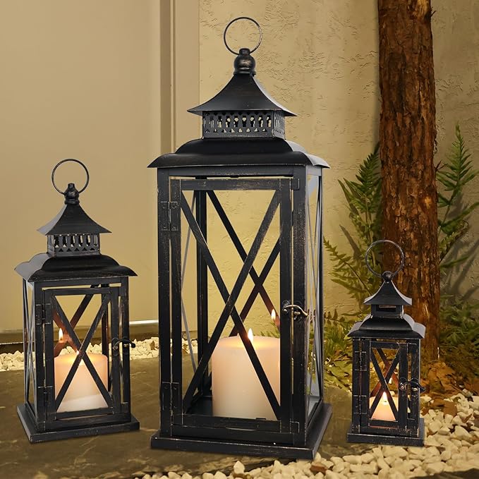 DECORKEY 3PCS (20’’&13’’&9’’) Lanterns Decorative Indoor & Outdoor, Vintage Metal Frame Candle Holders for Front Porch, Patio, Pathway, Balcony, Garden, Yard Decor, Halloween Christmas Decorations-VerdiqueGarden