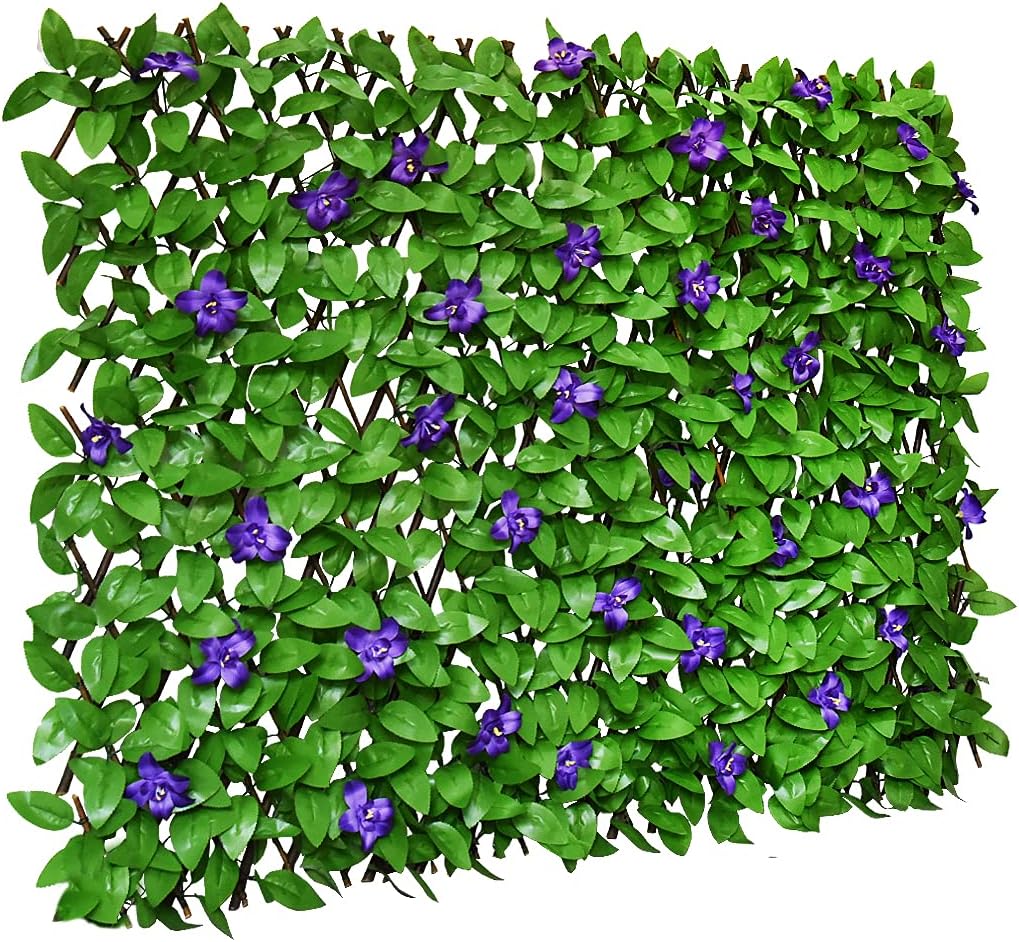 Expandable Fence Privacy Screen for Balcony Patio Outdoor,Decorative Faux Ivy Fencing Panel,Artificial Hedges (Single Sided Leaves) (4, Green Flowers)-VerdiqueGarden
