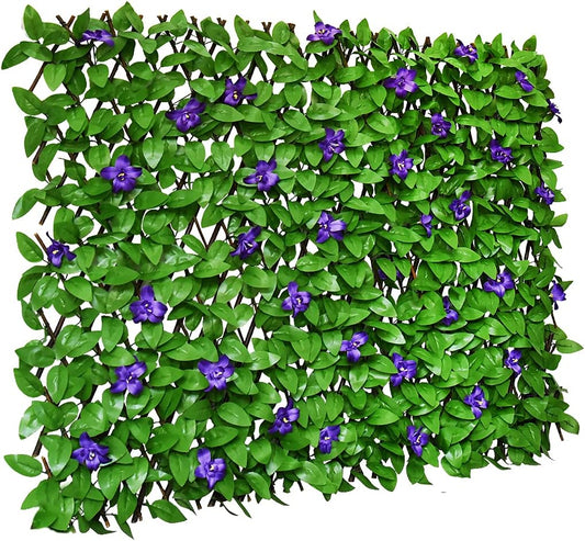 Expandable Fence Privacy Screen for Balcony Patio Outdoor,Decorative Faux Ivy Fencing Panel,Artificial Hedges (Single Sided Leaves) (2, Green Flowers)-VerdiqueGarden