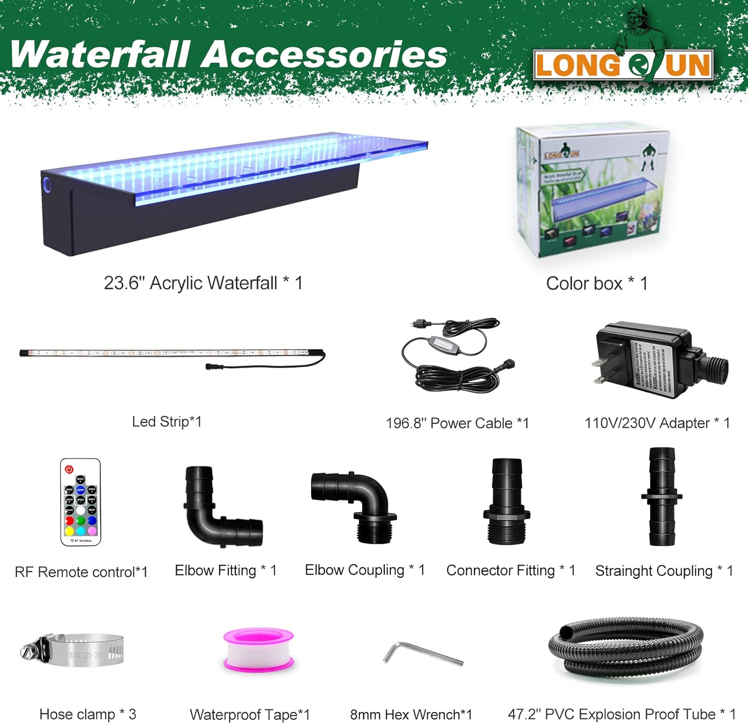 LONGRUN Waterfall Spillway Multi-Color LED Light Outdoor Pool Fountain, Acrylic Water Spillway Koi Pond Waterfalls Fountains Kit for Garden Koi Ponds Patio Swimming Pool Decoration-23.6"-VerdiqueGarden