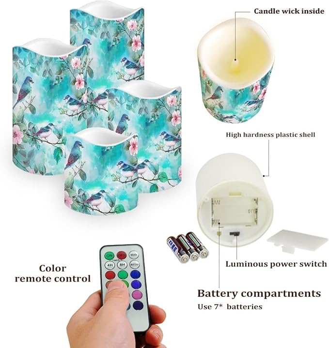 Ystardream Light Candles 4 Pack Battery Operated Color Changing Timer Remote Control Fake Pillar Tealights Beach Wedding Home Indoor Decor Modern Hummingbirds-VerdiqueGarden