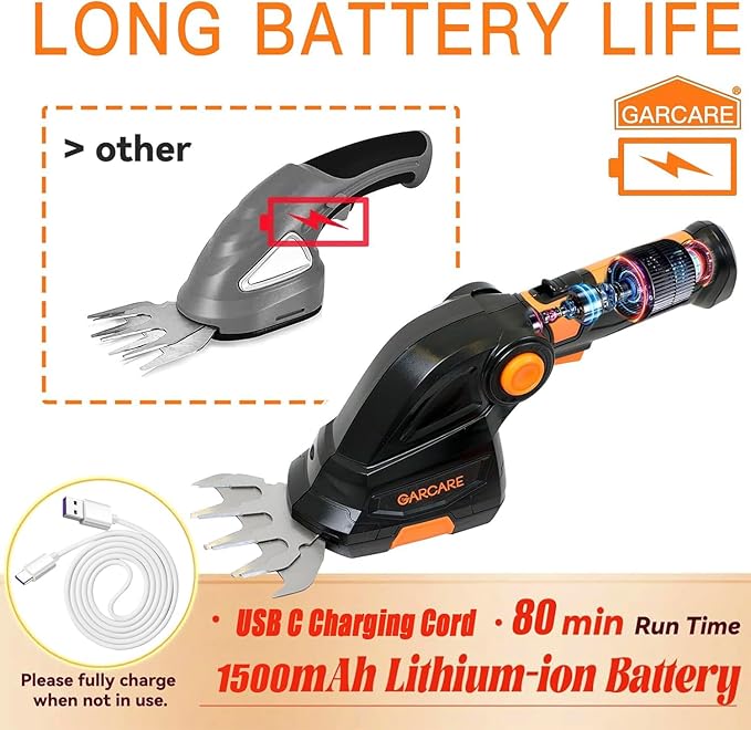GARCARE 2 in 1 Grass Shear Cordless 7.2V Bush Timmer Handheld Grass Cutter for Shrub, Garden and Lawn Built-in 1500mAh Lithium Battery with 60min Fast Charger-VerdiqueGarden