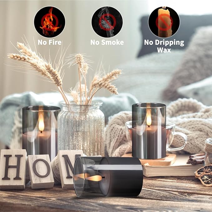 6Pack Glass Flickering Flameless Candles with Remote, 2"X3" Real Wax Votive Candles Battery Operated, Small Electric LED Candles for Wedding Home Decor, w/4 Timers+2 Lighting Modes [Gray]-VerdiqueGarden