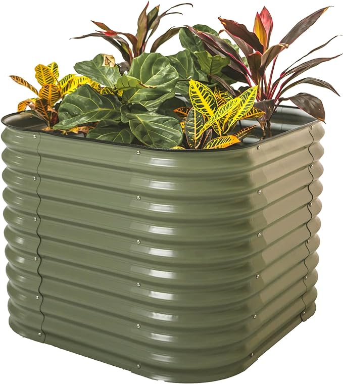 Vego garden 32" Extra Tall Raised Garden Bed Kits,4 in 1 Modular Raised Planter Box for Vegetables Flowers Fruits Oval Metal Raised Garden-Olive Green-VerdiqueGarden