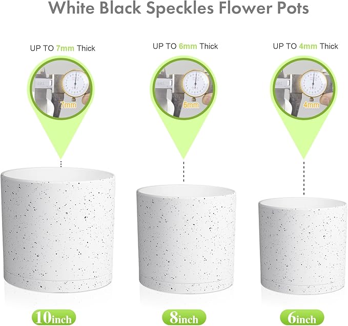 10/8/6 inch Deep Flower Pots, Cylinder Large Plant Pots for Outdoor Indoor Plants, 3 Pack Tall Plastic Planters with Drainage Holes and Saucers for Garden House Plants, Speckled White-VerdiqueGarden