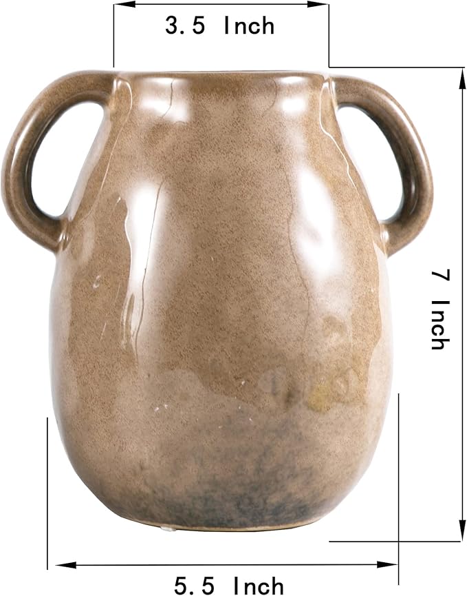 Brown Ceramic Vase with 2 Handles, Modern Farmhouse Decor, Rustic Terracotta Pottery, Decorative Flower Vases, Clay Small Vase, Centerpiece for Dining Table - 7 Inch Tall-VerdiqueGarden
