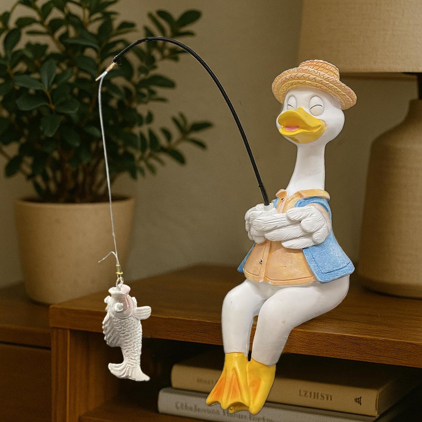 Duck Fishing Statue Garden Decor – 9.8" Weatherproof Resin Duck Fishing Sculpture Decor for Fish Ponds, Koi Ponds, Waterfalls, Poolside & Outdoor Gardens– Resin Figurine for Indoor & Outdoor Décor-VerdiqueGarden