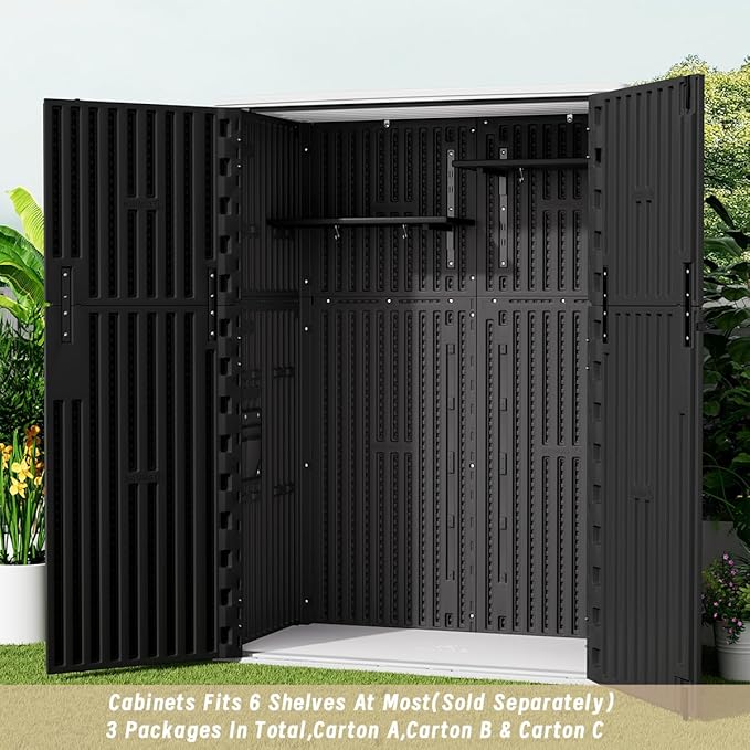 KINYING Outdoor Vertical Storage Shed,57 Cu.ft Outdoor Storage Cabinet Waterproof,Resin Sheds & Outdoor Storage Clearance for Garden,Patio,Backyard,Lockable (Black)-VerdiqueGarden