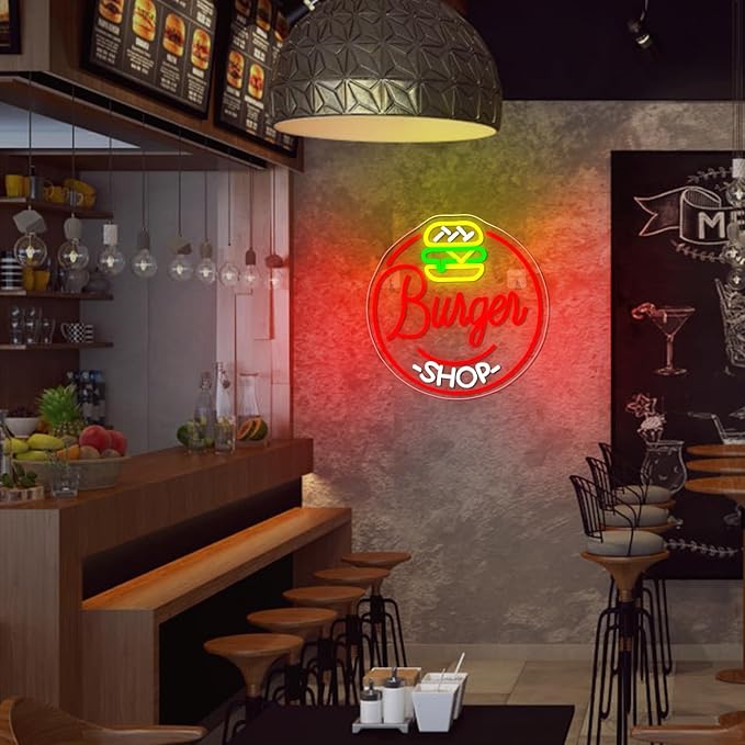 Hamburger Shop Neon Sign Hamburger Neon Signs for Wall Decor Dimmable Hamburger Neon Lights LED Light Up Sign for Hamburger Shop,Bar,Restaurant,Food Shop,Pub Decoration-VerdiqueGarden