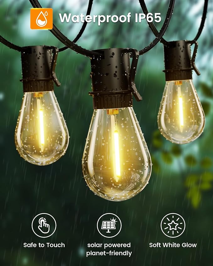Torkase 50FT Solar Patio Lights Outdoor 15+1 Shatterproof LED Bulbs USB Rechargeable Waterproof Remote Control for Garden Porch Deck Camping-VerdiqueGarden