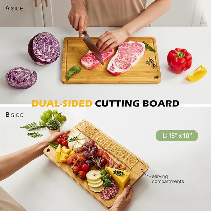 Cutting Board For Kitchen Natural Bamboo With Smooth Finish & Deep Juice Groove – L (15x10) – Great For Slicing, Serving-VerdiqueGarden