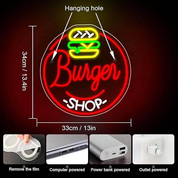 Hamburger Shop Neon Sign Hamburger Neon Signs for Wall Decor Dimmable Hamburger Neon Lights LED Light Up Sign for Hamburger Shop,Bar,Restaurant,Food Shop,Pub Decoration-VerdiqueGarden