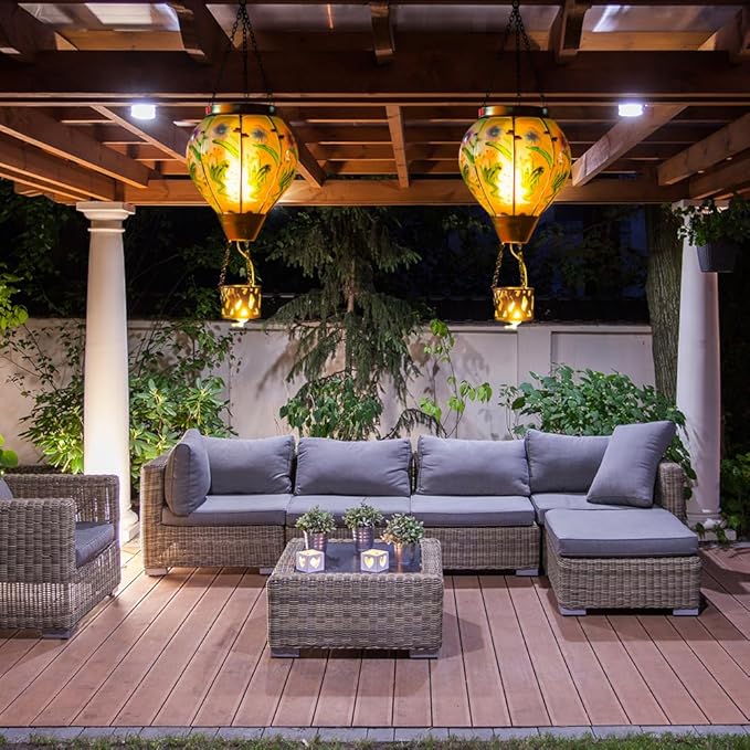 Starsoul Frog Hot Air Balloon Solar Lantern with Candle Holder Glass Outdoor Solar Hot Air Balloon Flickering Flame Lamp Hanging Garden Light Waterproof for Lawn Porch Tree Yard Decorations-VerdiqueGarden