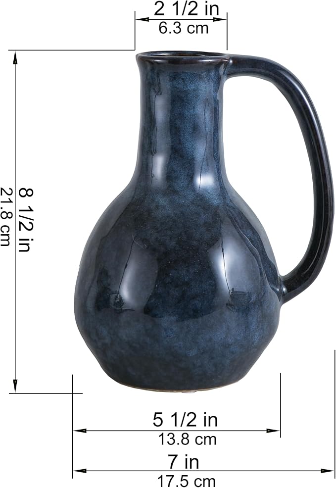 Blue Ceramic Vase with Big Handles, Modern Farmhouse Decor, Rustic Pottery for Flowers, Decorative Terracotta Centerpiece for Dining Table-VerdiqueGarden