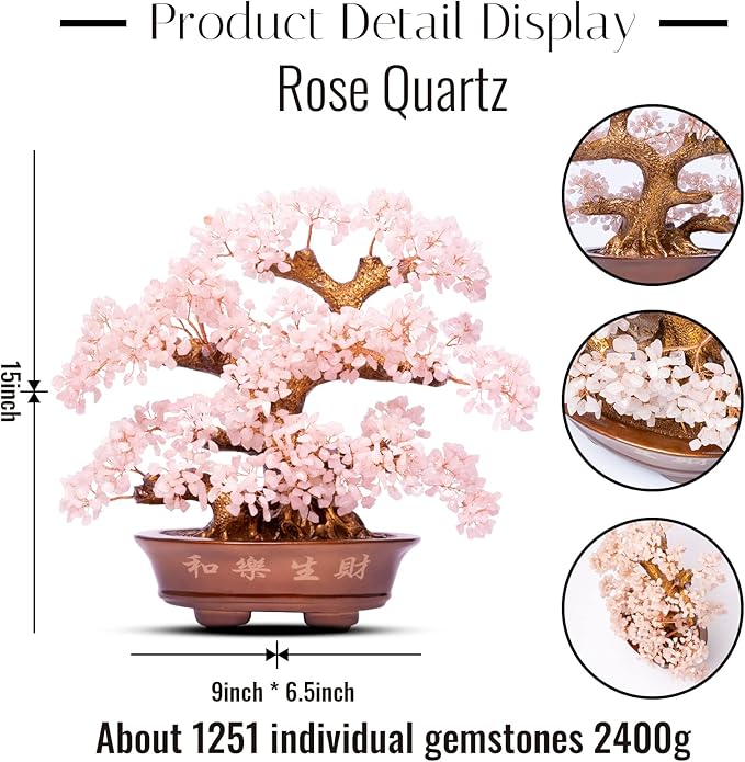 Natural Rose Quartz Tree Large,14" Chakra Crystal Tree(1,251 Gemstone Count) w/Lucky Coins Chain Healing Properties - Bonsai Feng Shui Money Tree for Love Self Care Home Office Decoration-VerdiqueGarden