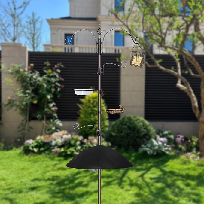 Bird Feeder,91in 4 Hook Bird Feeder Pole with Squirrel Baffle,Bath and Mesh Tray,Steel Multi-Feeder Kit Stand for Attracting Wild Birds, Easy Assembly for Courtyards (Weld, Black 91IN)-VerdiqueGarden