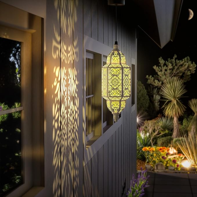Twinkya Hanging Solar Lights Outdoor Garden Decorative Solar Lantern Waterproof Metal Moroccan Outdoor Decorations for Patio Pathway Yard Porch Backyard Garden Decor (White, 1 Pack)-VerdiqueGarden