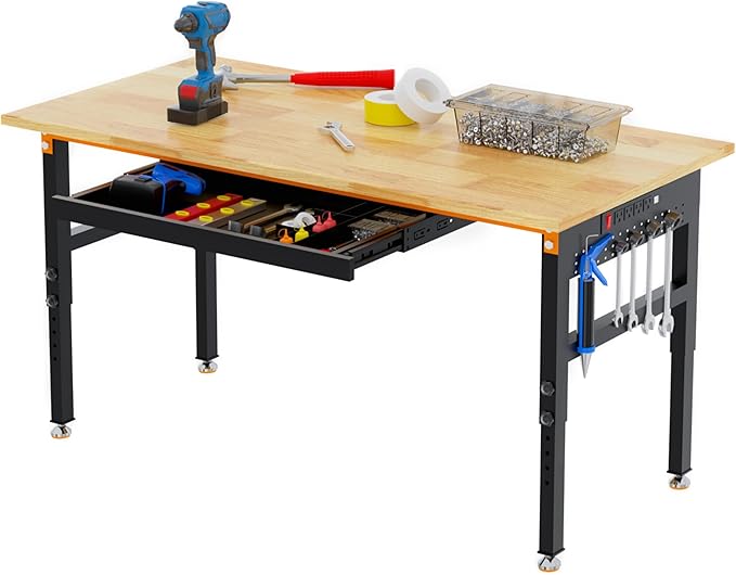 60" Adjustable Height Workbench, 2000 LBS Heavy Duty Work Table with Power Outlets & Pegboard, Rubber Wood Workstation for Garage, Workshop, Office, Home, Commercial-VerdiqueGarden