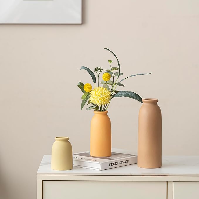Ceramic Vase Set-3, Small Flower Vases for Decor, Modern Boho Farmhouse Style, Decorative Vases for Pampas Grass & Dried Flowers, Distressed Finish (Brown Mix)-VerdiqueGarden