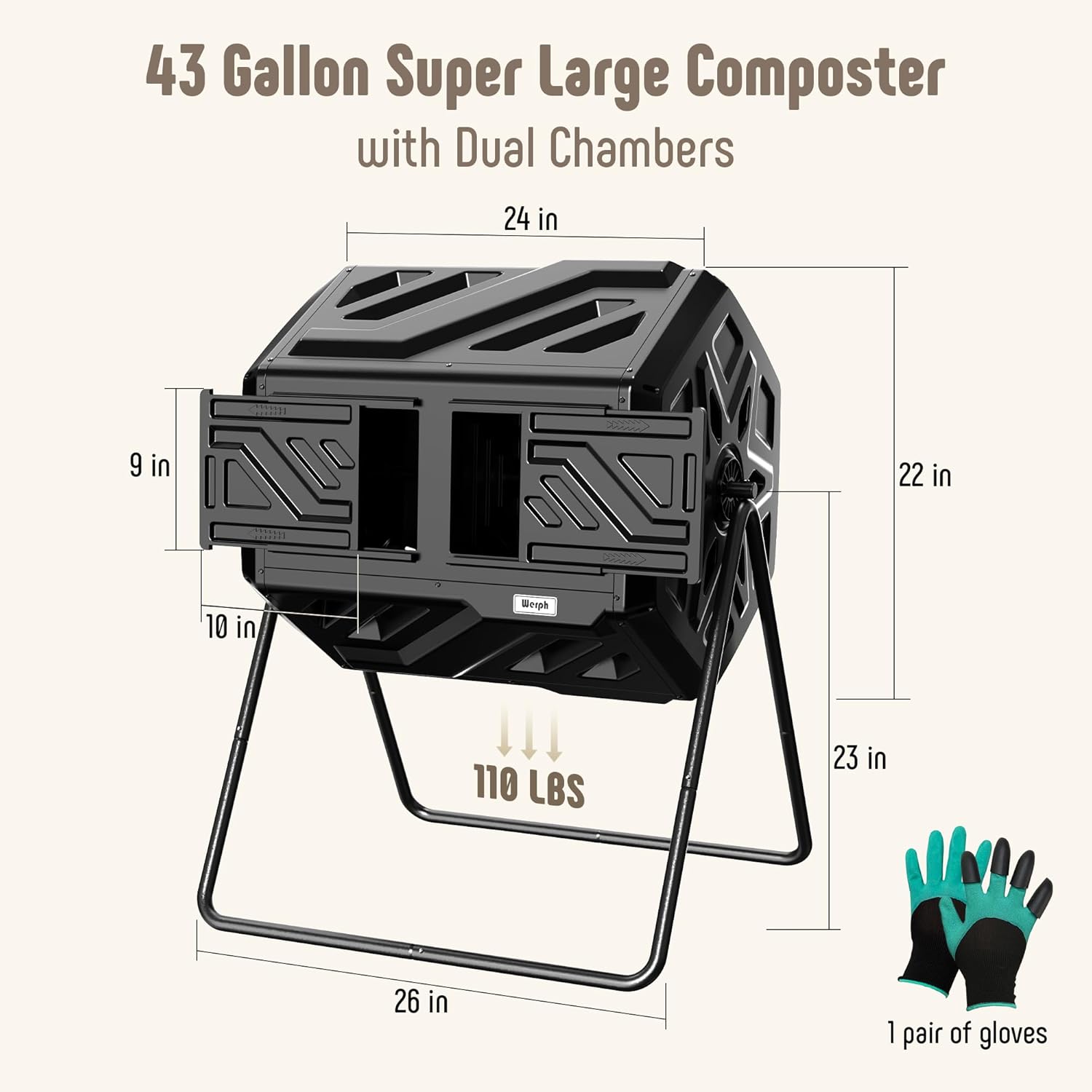 Compost Bin Outdoor Composter, Fast Assembly 43 Gallon Dual Chamber Outdoor Compost Tumbler, Heavy Duty Tumbling Rotating Composter for Patio, Garden,Yard, Black, Easy Setup, Gloves Included-VerdiqueGarden