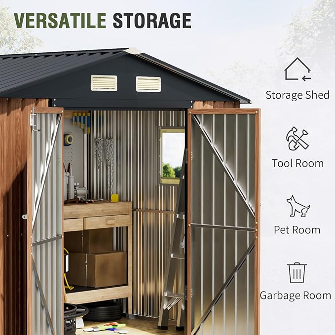 8x6 Ft Storage Shed, Large Outdoor Shed with Floor Base, Window, Lockable Doors, Outside Steel Shed for Garden, Backyard, Lawn, Patio Utility, Tool Storage-VerdiqueGarden