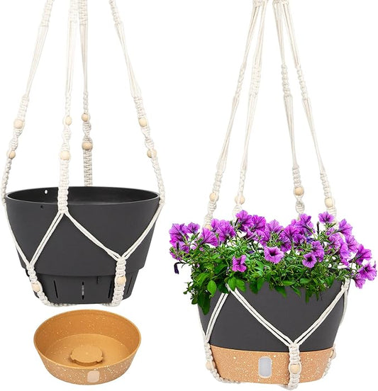 QCQHDU 2 Pack Hanging Planters for Indoor Plants, Outdoor Hanging Baskets, Self Watering Pots with Drainage Holes & Removable Tray (Dark Grey, 8 inch, Macrame Hanger)-VerdiqueGarden