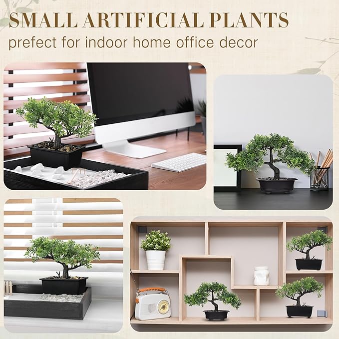 Jexine 4 Pack Artificial Bonsai Tree, Indoor Small Fake Plants in Pots for Home Table Office Desk Bathroom Shelf Bookshelf Bedroom Living Room Farmhouse Decorations-VerdiqueGarden