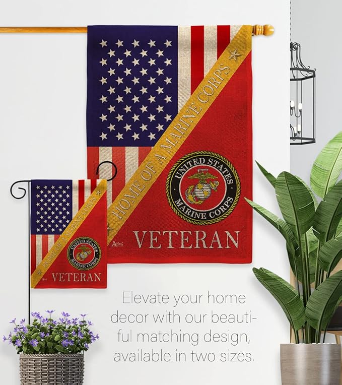 Home of Marine Corps Burlap Garden Flag - Set with Stand Armed Forces USMC Semper Fi United State American Military Veteran Retire Official House Banner Cemetery Yard Rememberance Veterans Day Gifts-VerdiqueGarden
