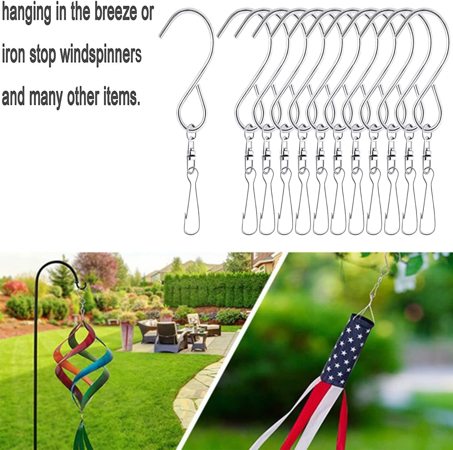 24 Pcs Swivel Clip Hanging Hooks, Stainless Steel 360 Degree Rotating Windsock Clips for Hanging Wind Chimes, Plants, Bird Feeder, Crystal, Birdcage-VerdiqueGarden