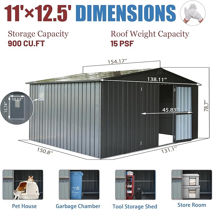 Domi Backyard Storage Shed 11’ x 12.5’ with Galvanized Steel Frame & Windows, Outdoor Garden Shed Metal Utility Tool Storage Room with Lockable Door for Patio(Dark Gray)-VerdiqueGarden