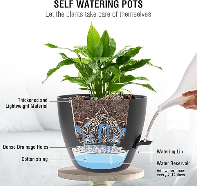 10 inch Self Watering Hanging Planters, 2 Pack Hanging Baskets for Indoor Outdoor Plants, Hanging Flower Pots with Drainage Holes & 2 Kinds of Plant Hangers for Garden Home Decor, Black-VerdiqueGarden