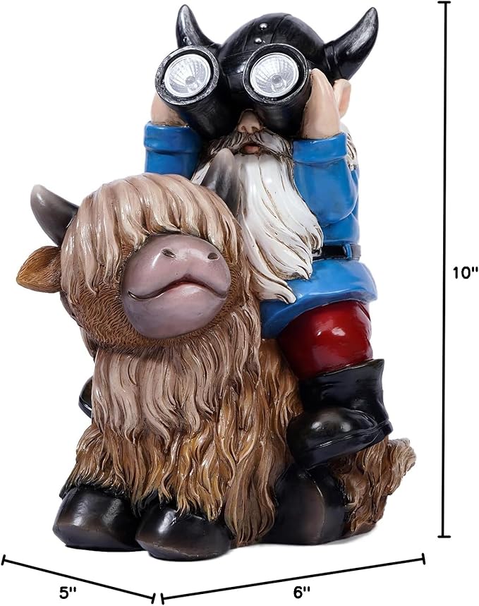 Garden Gnome Statues Resin Gnome Sitting on Highland Cow Solar Lights Outdoor Telescope Gnome Gifts for Yard, Patio Decor Gift(Cow Gnome)-VerdiqueGarden