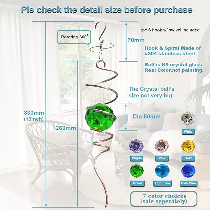 Fonmy Gazing Ball Spiral Tail -Decorative Wind Spinner Sun Catcher Rainbow Maker 11 inch Tail and 2 inch Green Crystal Orb. Indoor Outdoor Garden Decoration -13 inch Height-VerdiqueGarden